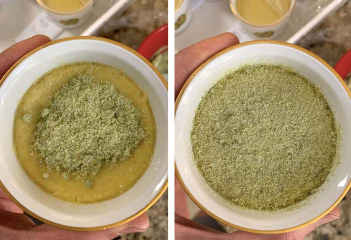 Scoop on then swirl and tap to get a nice even layer of Christmas tree sugar on the surface. Then pour off any excess sugar.