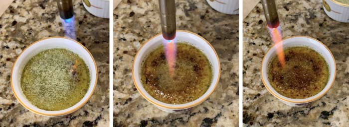 Making the perfect crème brûlée caramelized sugar crust is best done with a kitchen torch. Left to right: start to finish.