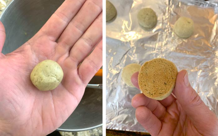 Version 1: Hand-rolled round sugar cookies provide a softer fluffier cookie. These take about 10 minutes to bake and are done when the bottoms are golden brown (you can see the bottom edges on the cookie sheet).