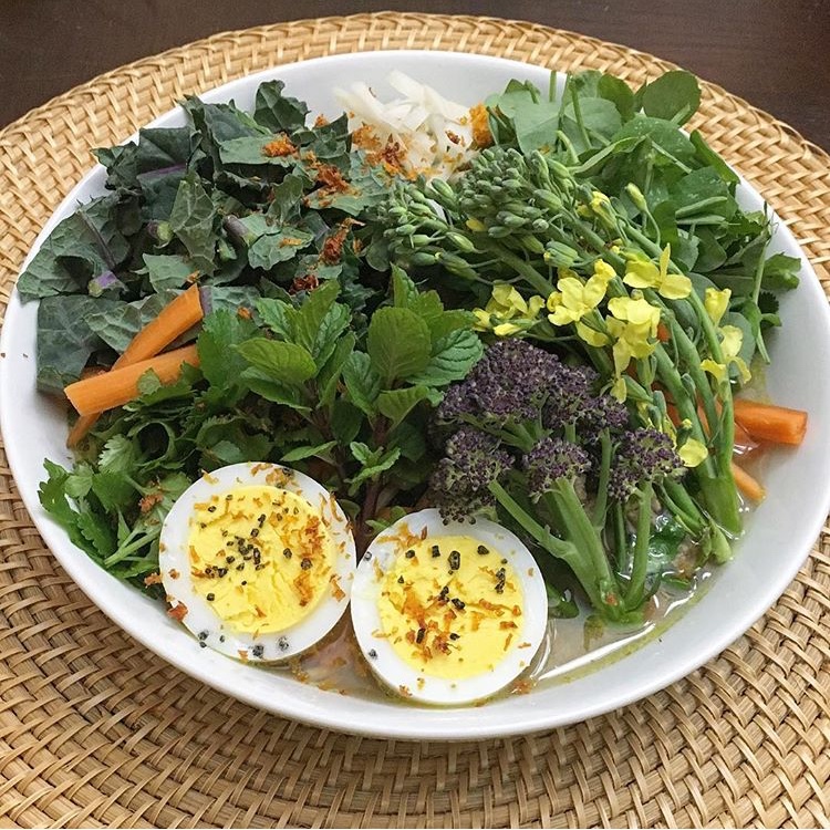 A typical spring dinner for us at Tyrant Farms. Asian-inspired ramen with a wide variety of garden-fresh, organically grown veggies and duck eggs.