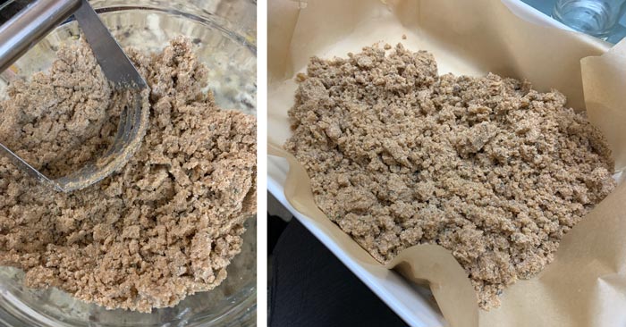 Making the crust. The crust will be crumbly when ready, but all ingredients will be thoroughly incorporated. A pastry knife (pictured left) REALLY helps with this type of recipe.