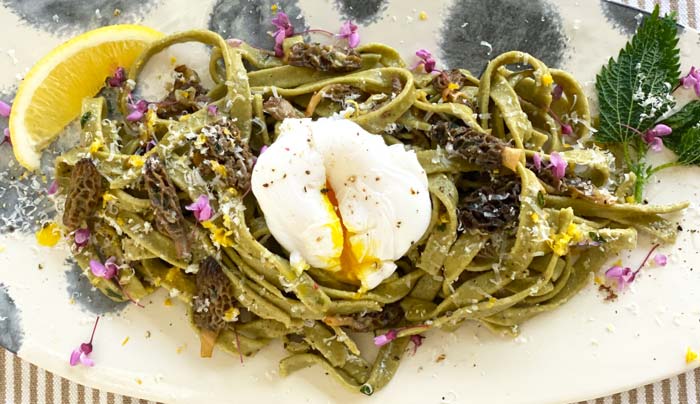 Yes, you can use store bought fettuccine noodles for this recipe, but it's even better with homemade duck egg stinging nettle pasta noodles.