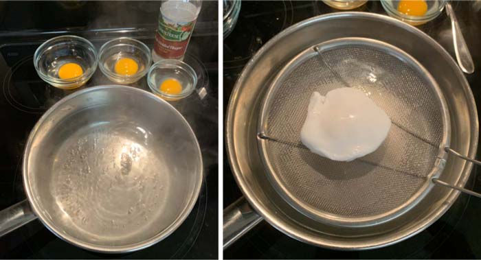 Poaching duck eggs. Left: duck eggs ready to go into near-boiling water (once vortex created). The water is unsalted but has about a shot glass full of vinegar added, which helps the whites stick closer to the yolk and not create as many wisps.