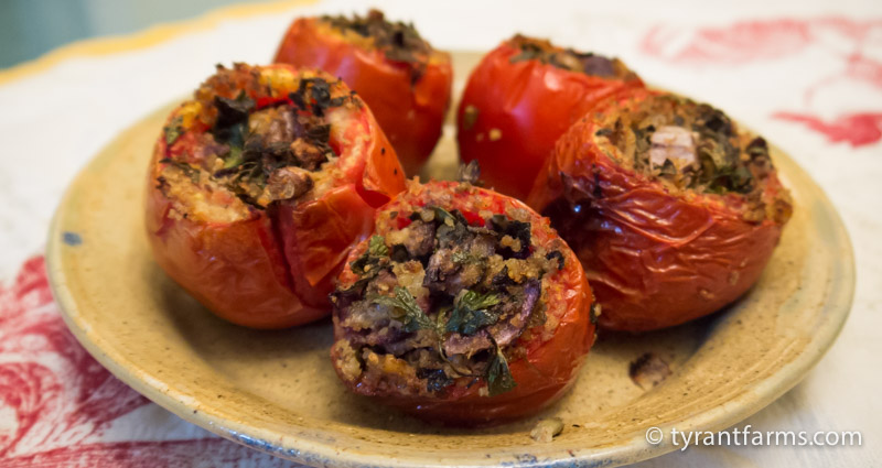 Stuffed organic, homegrown tomatoes wood-fired to smoky perfection. 