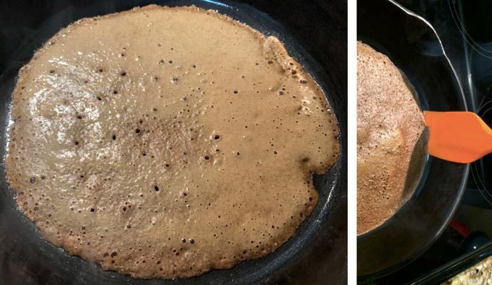 Left: Batter still raw but cooking fast! Right: using a spatula to loosen the edges right before sliding it out of the pan into the covered dishes. 