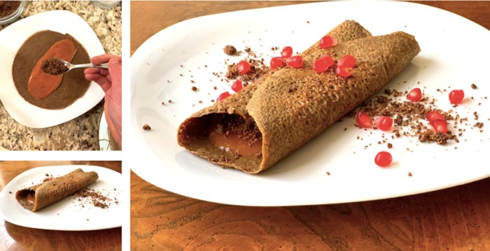 Plating a sweet version of our acorn flour crepes.