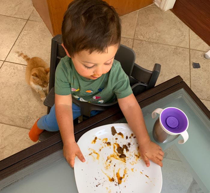 The Toddler polishing off his acorn flour crepe. Success!