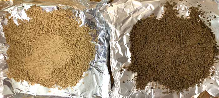 Cold-leached acorn flour (left) and hot-leached acorn flour (right) about to get oven-roasted for 30 minutes at 350°F.