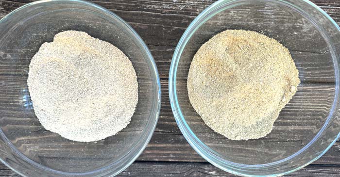 Surprising but true! Left: Cold-leached acorn flour made from oven-roasted acorns. Right: Cold-leached acorn flour made from dehydrated acorns. Both flours are indistinguishable in the kitchen.