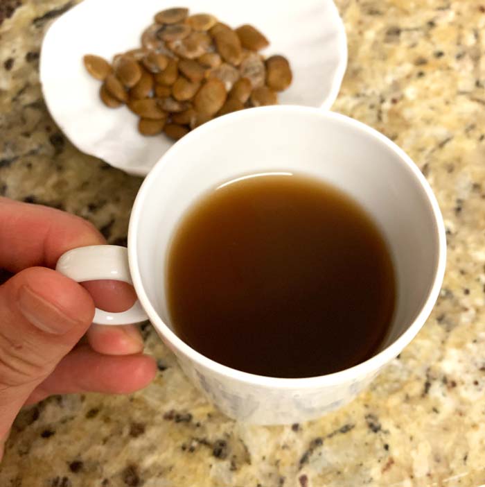 A cup of persimmon seed tea. In our opinion, persimmon seed tea tastes almost identical to chicory root tea.