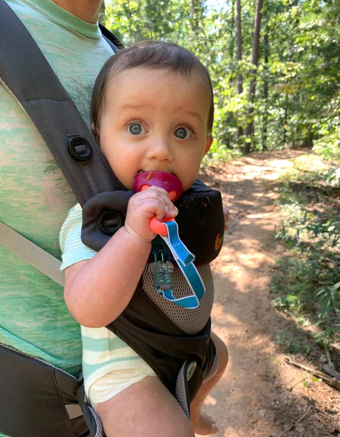 The Boon pulp silicone feeder also comes in handy on family hikes. If we (adults) eat trail mix which is a choking hazard to babies, Sebastian gets very upset about being left out. Stick some grapes or half a plum in his chew, and he's good to go!