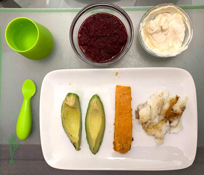 Avocado, roasted sweet potato (which Sebastian absolutely loves), cod, roasted pureed root veggies, yogurt + nut butter. 