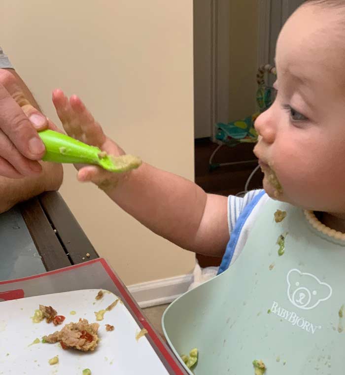 Side note: we've tried several different types of spoons and the one that works the best for our baby is the EzPz silicone spoon.