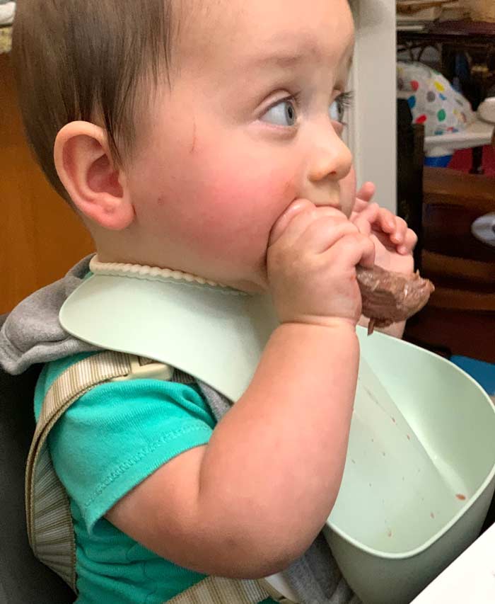 Sebastian gnawing on a piece of grass-fed grass-finished steak. 