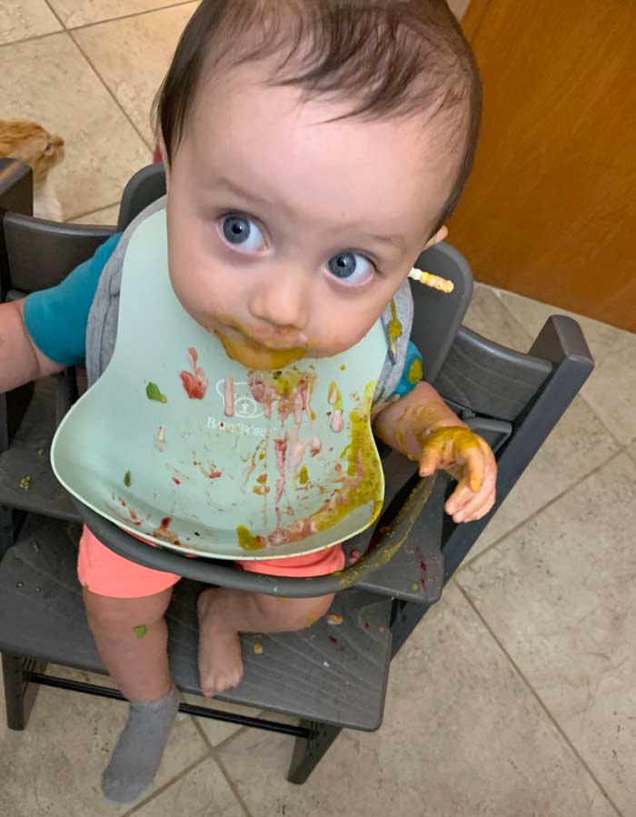 Baby-led weaning is a dynamic process: you'll learn lots of little tricks to make it easier as you go. This early attempt taught us to remove pants and socks during mealtime (he somehow managed to remove one sock on his own). In the top left, you can see Bob the cat who loves circling Sebastian's chair like a shark. 