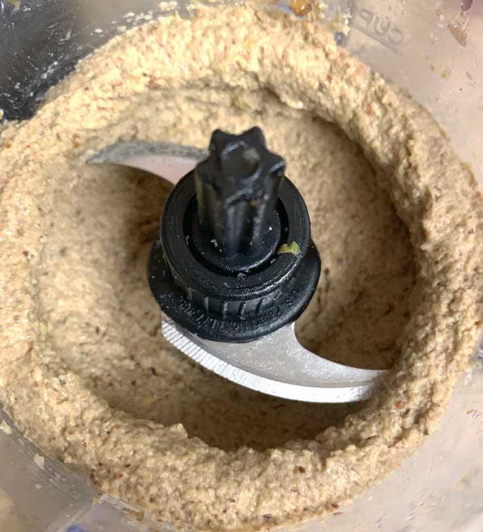 Bicolor bolete mushroom pâté in a blender - a closer look at the final consistency of your pâté. You want to cook all the water out of your mushrooms so you get a thick pâté that's comparable in texture to a meat pâté. 