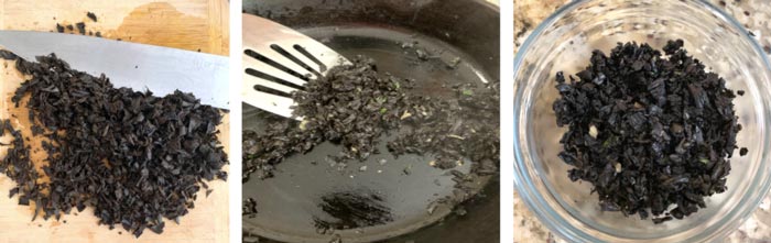 Preparing, cooking, and setting aside black trumpet mushrooms.