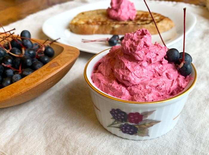 Honey-sweetened whipped butter with black tupelo fruit. Quite pretty to look at, quite wonderful on a piece of The Tyrant's sourdough French toast.