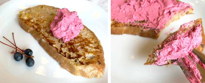 Tupelo whipped honey butter on sourdough French toast. Don't let this picture fool you - the French toast had cooled down so the topping didn't melt. Apply it to warm toast and you'll get some nice, colorful melting action.