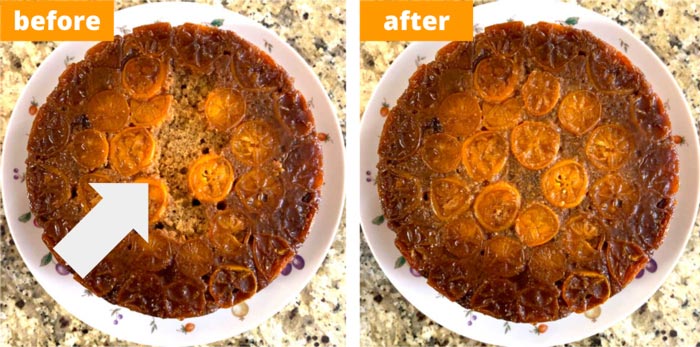 Don't panic if your calamondin cake isn't picture-perfect once you turn it out of the pan. You can patch things up, as you can see here.