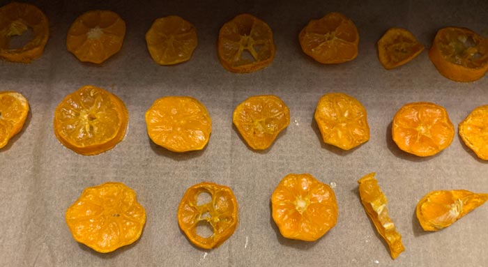 Slices of calamondin dehydrated to the point that they're tacky, but not wet. Now they're ready for a sugar dip.