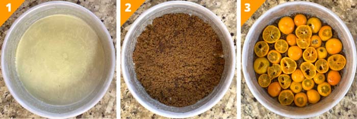 1. Pour melted butter into the cake pan and swirl it around to also coat the bottom edges of the pan. 2. Sprinkle in brown sugar by hand evenly over surface. 3. Position sliced calamondin pieces on top of brown sugar. Note the end pieces of calamondin, which are faced bottom side down, for the most attractive final cake appearance. 