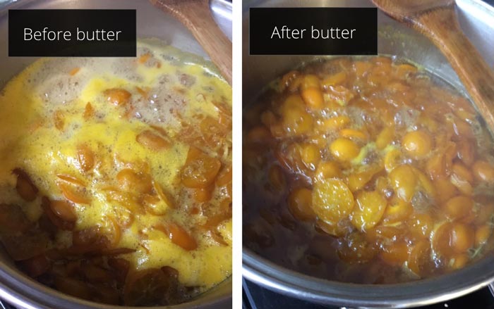 Adding butter while cooking your calamondin marmalade (or other preserves), breaks the surface tension allowing the particles to reincorporate into the marmalade.