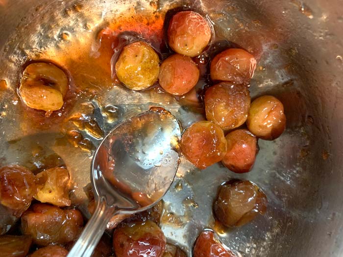 Maple syrup candied crabapples thickened by the naturally occurring pectin in the fruit. These are a wonderful recipe on their own, but combined with our crumble cake, they're exquisite.