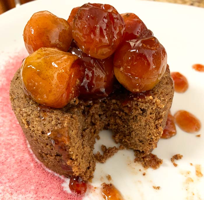 Eating candied crabapple crumble cake.