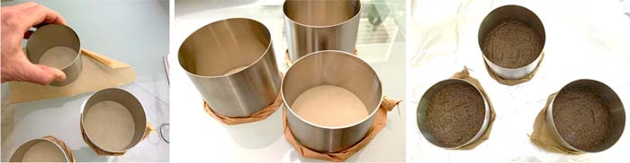 Left to right: Put small pieces of parchment paper under each mold and start folding and wrapping the paper around the base. Then fill each mold with crumble cake dough and transfer it to a cookie sheet.