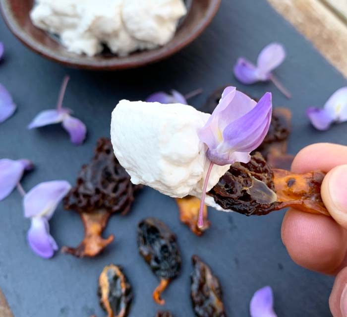 Candied morels dipped in spruce needle-maple whipped cream with a wisteria flower on top. Oh lawd, the flavors. 