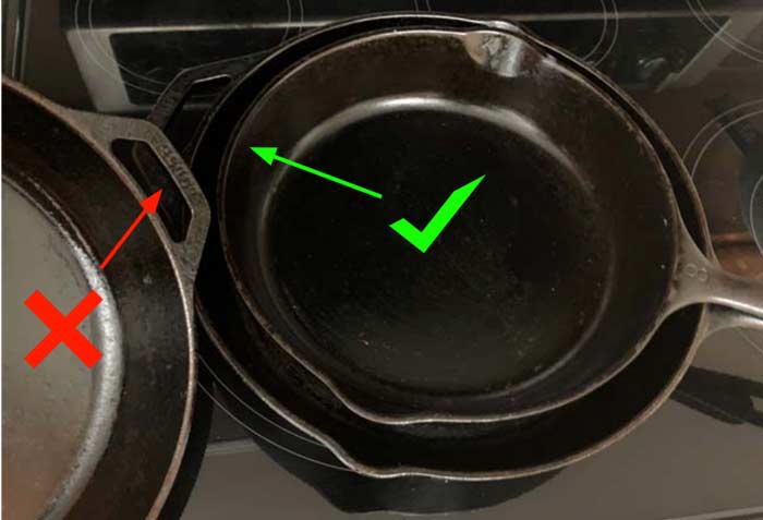Due to the integrated handle on the tip, the pan on the left isn't an ideal pressing pan for this recipe (the integrated handle would keep it from pushing down into the bottom pan). The two pans on the right are perfectly fitted and the top pan does not have an integrated handle on the tip.