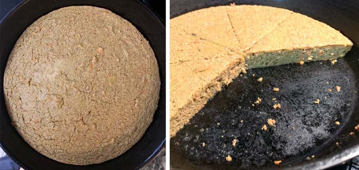Left: Chestnut cake just out of the oven after 35 minutes. It's reminiscent of corn bread. Right: Showing the finished internal consistency and crumb. 