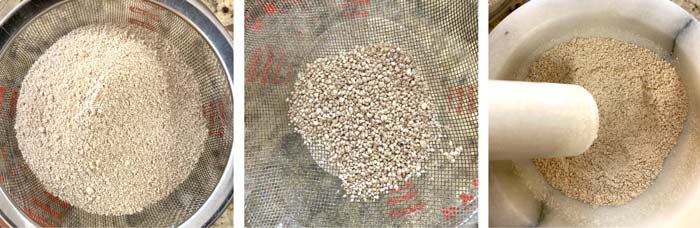 Sifting chestnut flour to remove larger bits prior to use. Left: starting point. Center: larger bits sifted out. Right: grinding chestnut bits into finer flour. 