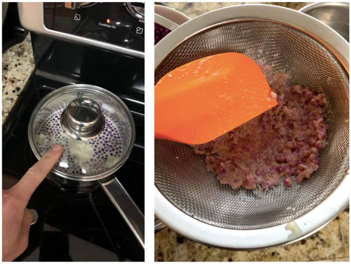 Left: Beautyberries infusing into cream with lid on to minimize moisture loss so as not to make the cream too heavy. (Beautyberries contain almost no water.) Right: Strain cooked beautyberries out of cream prior to storing the cream in your fridge.