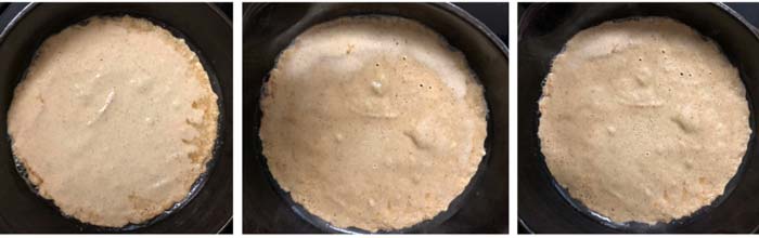 Left to right: chestnut flour crepe going from batter to fully cooked over the course of about a minute. It doesn't take long! Note how the wet spots disappear as the crepe cooks - remove as soon as no wet spots remain.
