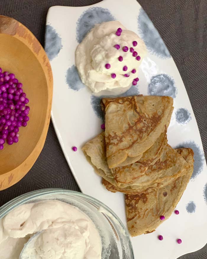 A wonderful new recipe we had to share: chestnut flour crepes with beautyberry whipped cream.