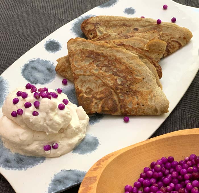 A perfect combination of fall ingredients combine to make these chestnut flour crepes with beautyberry whipped cream recipe!