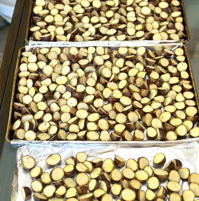 Chestnuts ready for the pre-heated oven.