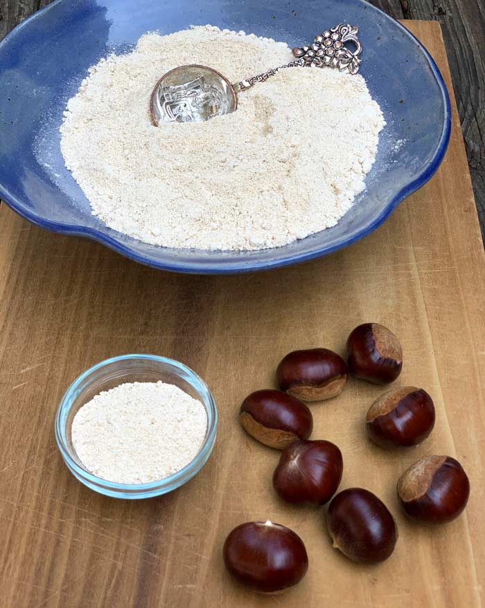Chestnut flour does not contain gluten, so it doesn't have the sticky property that binds wheat flour-based baked goods together. That means you can't substitute chestnut flour for wheat flour 1:1 and expect similar results.