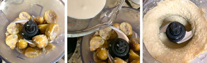 1. Place cooked chestnuts in blender. 2. Pour in milk concentrate. 3. Blend until smooth (add more fresh milk if needed to reach desired consistency).