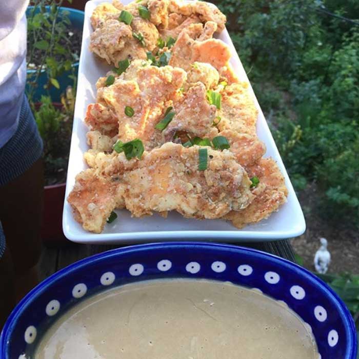 Homemade chicken fingers (from our chicken of the woods mushrooms) and honey mustard (from our neighbors's bees). Nobody could believe these fingers were made from mushrooms, not chicken meat.