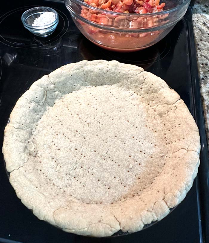 Bottom crust pre-baked and ready to fill. 