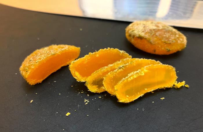 Thin-sliced Christmas tree cured egg yolks would make an attractive addition to a charcuterie board.