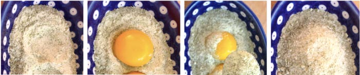 The journey of a soon-to-cure egg yolk. 1. Divot in salt. 2. Yolk in divot. 3. Covering yolk with more salt. 4. Covered and ready to cure.