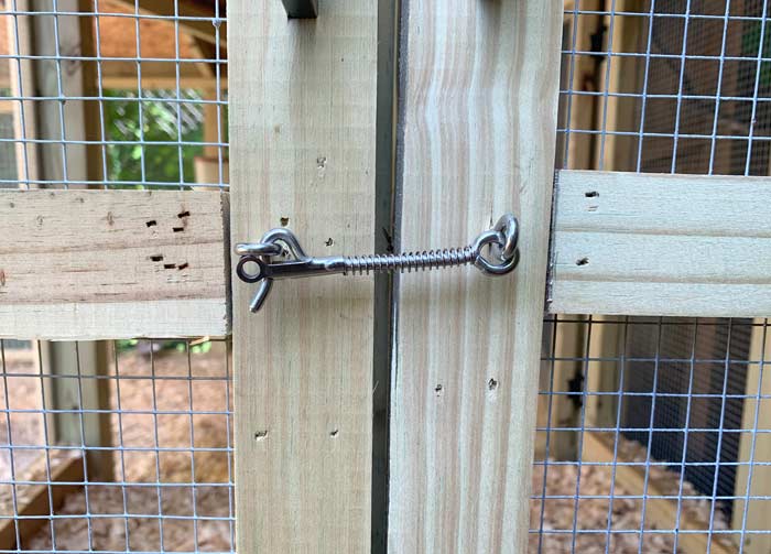 Spring-loaded latch on duck coop doors.