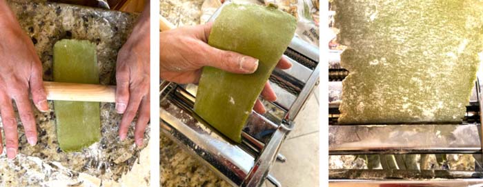 Continuing from the process photos above, you'll want to use a rolling pin to flatten and elongate the finished piece of dough before one final run through the flattener on your pasta machine. Then you'll dust it in flour and run it through the noddle cutter.