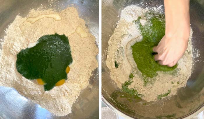 Ingredients poured into the top of a flour volcano, then mixed in with fingers.