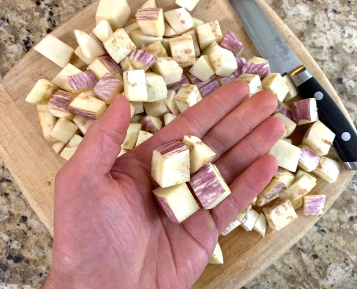 Eggplants cubed into 1/2