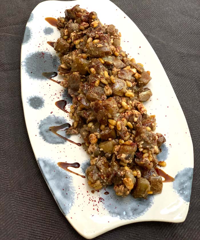 Pan-roasted eggplant, pine nuts & feta with pomegranate syrup: the perfect recipe to use up lots of eggplants!